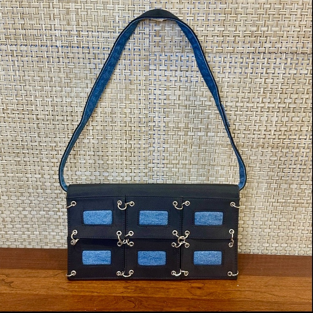 🌟HP🌟VTG 2000s Nolita Black/Blue Denim Baguette Shoulder Bag Silver Tone Chain